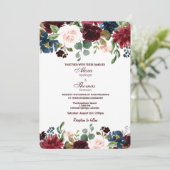 Invitation Bourgogne et bleu Mariage anglais Fleurs (Debout devant)