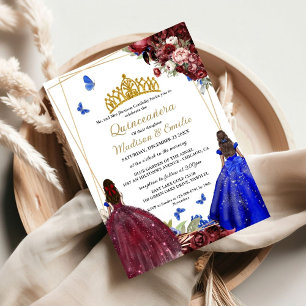 Invitation Bourgogne et bleu Royal Butterfly Twin Quinceanera