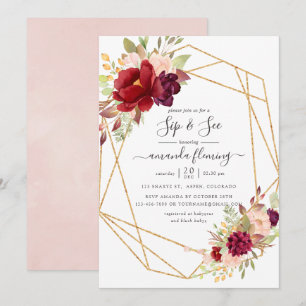 Invitation Bourgogne et Blush Boho Géométrique Sip and See