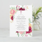 Invitation Bourgogne et Blush Floral Première communion saint (Debout devant)