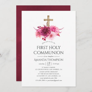 Invitation Bourgogne et Blush Floral Première communion saint