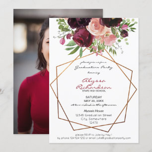 Invitation Bourgogne et cadre floral rose Diplôme photo
