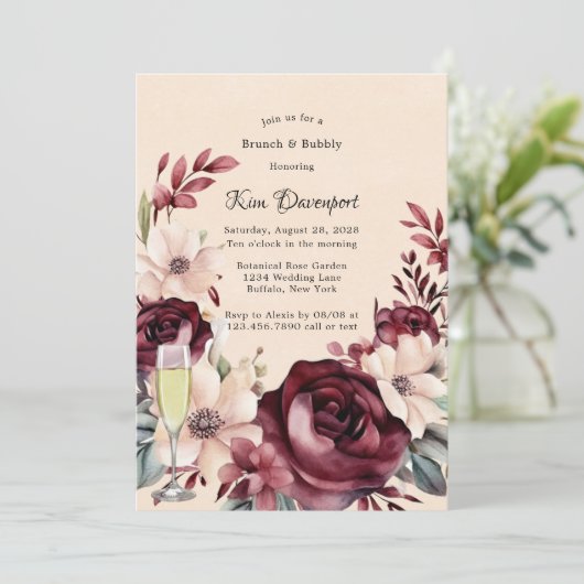 Invitation Bourgogne et crème Rose Brunch & Bubbly (Debout devant)