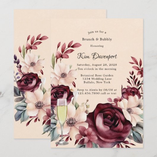 Invitation Bourgogne et crème Rose Brunch & Bubbly (Devant / Derrière)