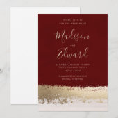 Invitation Bourgogne et feuille d'or, mariage élégant (Devant / Derrière)