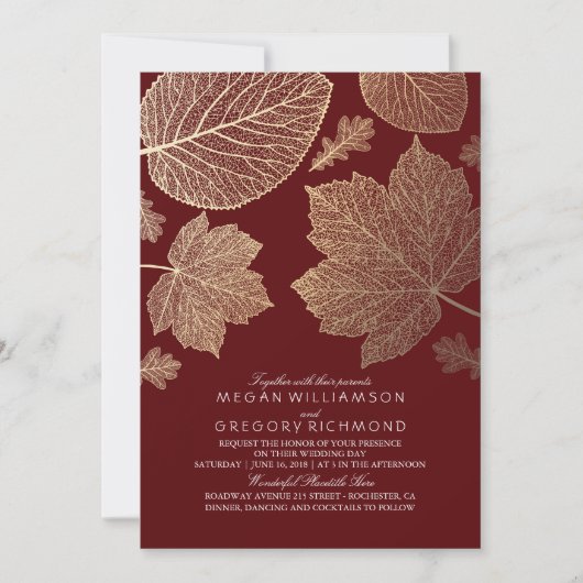 Invitation Bourgogne et Feuilles d'or Mariage de automne Vint (Devant)