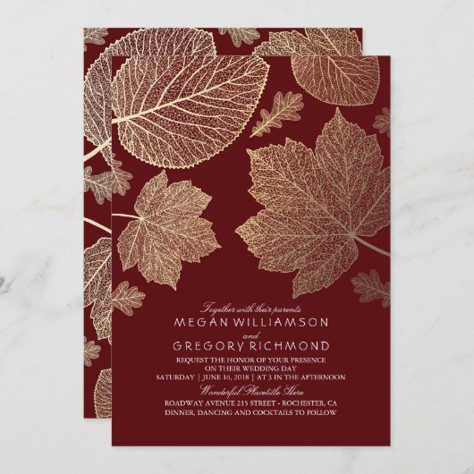 Invitation Bourgogne et Feuilles d'or Mariage de automne Vint (Devant / Derrière)