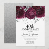 Invitation Bourgogne et fleurs argentées 40e anniversaire de (Devant / Derrière)