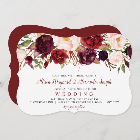 Invitation Bourgogne et fleurs bleues aquarelle fleurie (Devant / Derrière)