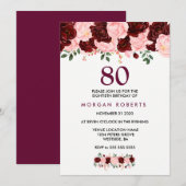 Invitation Bourgogne et fleurs roses 80e anniversaire Invitat (Devant / Derrière)