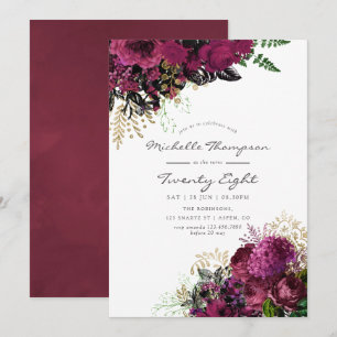 Invitation Bourgogne et floral doré vintage pour anniversaire