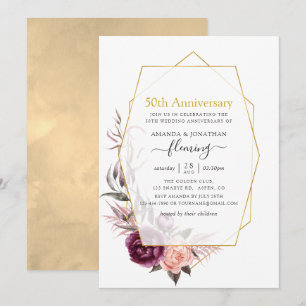Invitation Bourgogne et floral géométrique rose pour 50e anni