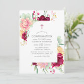 Invitation Bourgogne et Floral rose Confirmation (Debout devant)