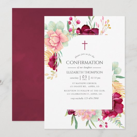 Invitation Bourgogne et Floral rose Confirmation (Devant / Derrière)