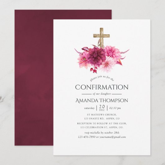 Invitation Bourgogne et floral rose confirmation (Devant / Derrière)