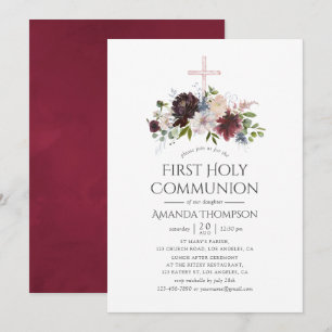 Invitation Bourgogne et floral rose Première Sainte Communion