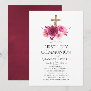 Invitation Bourgogne et floral rose Première Sainte Communion