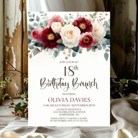Invitation Bourgogne et Flore blanche 18e anniversaire Brunch