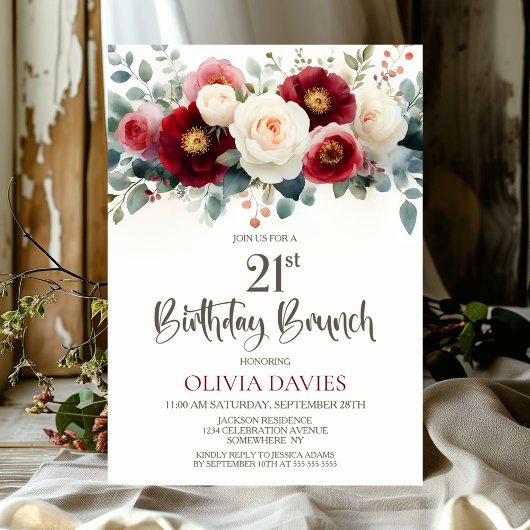 Invitation Bourgogne et Flore blanche Brunch 21e anniversaire
