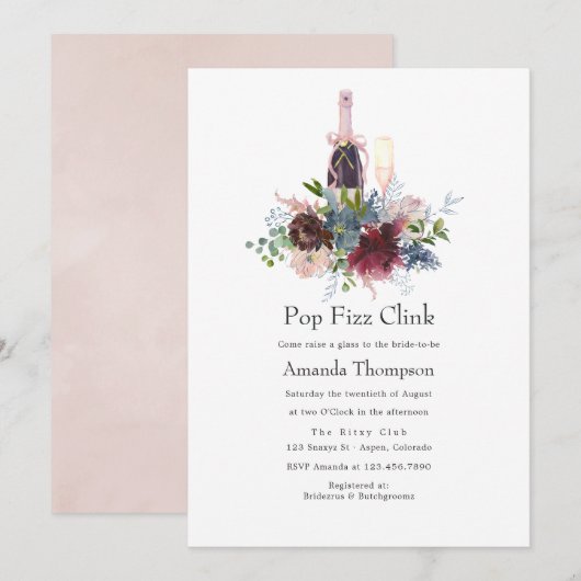 Invitation Bourgogne et flou Floral Pop Fizz Clink (Devant / Derrière)