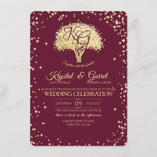 Invitation Bourgogne et Gold Tree et Mariage étincelant