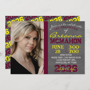 Invitation Bourgogne et Jaune Moderne Chalkboard Graduation