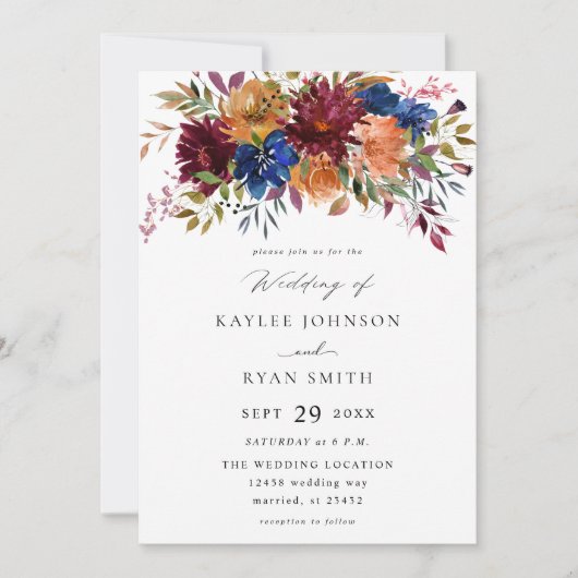 Invitation Bourgogne et marine Automne Floral Mariage V2 (Devant)