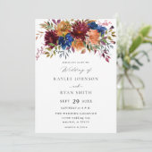 Invitation Bourgogne et marine Automne Floral Mariage V2 (Debout devant)