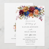 Invitation Bourgogne et marine Automne Floral Mariage V2 (Devant / Derrière)