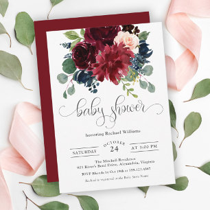 Invitation Bourgogne et marine Baby shower floral