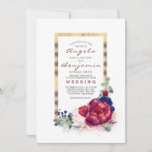 Invitation Bourgogne et marine Blue Floral Gold Frame Mariage (Devant)