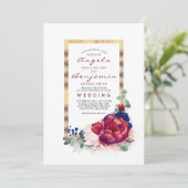 Invitation Bourgogne et marine Blue Floral Gold Frame Mariage (Debout devant)