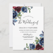 Invitation Bourgogne et marine Fleurs Indigo Mariage d'automn (Devant)