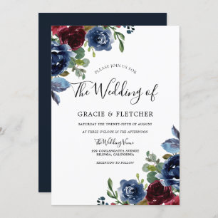 Invitation Bourgogne et marine Fleurs Indigo Mariage d'automn