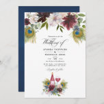 Invitation Bourgogne et marine Peacock Vin à thème Mariage In<br><div class="desc">Bordo branché - marsala et bleu marine vin de la faire-part de mariage paon avec des accents de bleu poussiéreux, rose roux, prune et or rose avec forêt sauvage de la végétation eucalyptus. Idéal pour un thème ou un mariage de jardin. La photo au verso est facultative. Si vous préférez...</div>