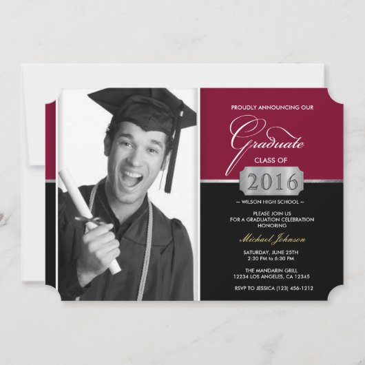 Invitation Bourgogne et Noir Classe moderne de 2016 Graduatio (Devant)