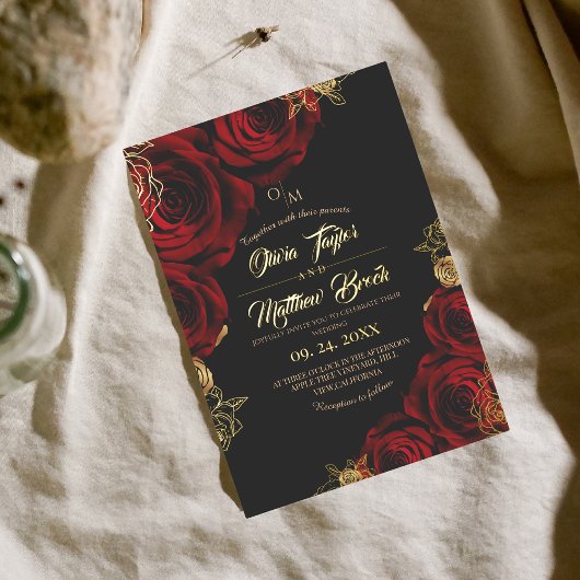 Invitation Bourgogne et noir Rose rouge Mariage Floral