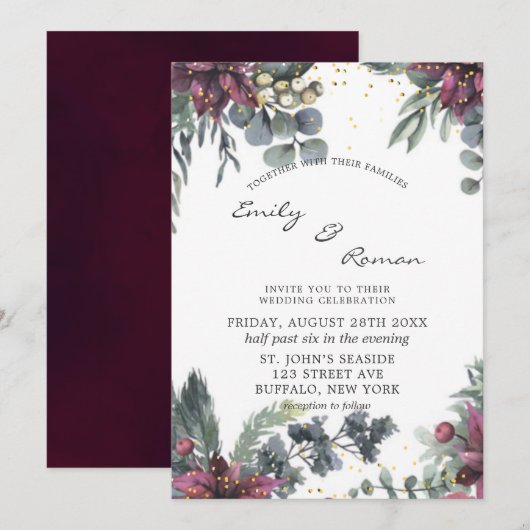 Invitation Bourgogne et or Aquarelle Florale Mariage Invit (Devant / Derrière)