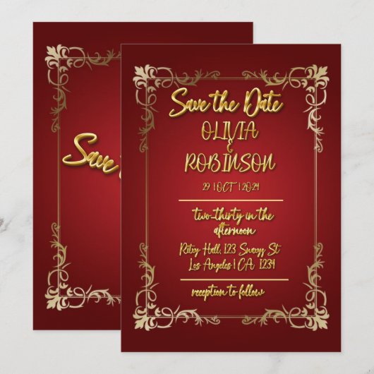 Invitation Bourgogne et Or Effet de Texte 3D Save the Date (Devant / Derrière)
