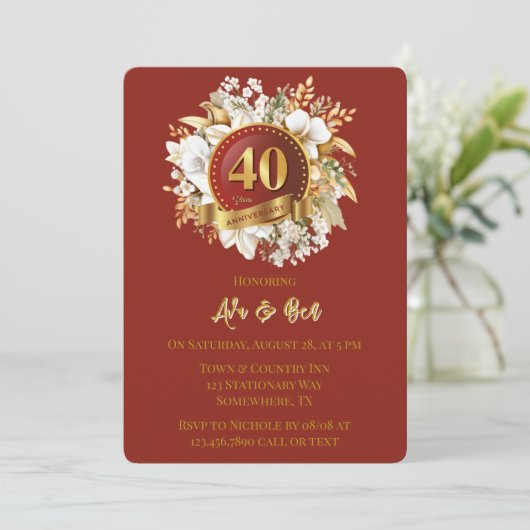 Invitation Bourgogne et or Floral 40e anniversaire Mariage (Debout devant)