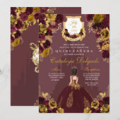 Invitation Bourgogne et or Floral Princesse Château Quinceañe (Devant / Derrière)