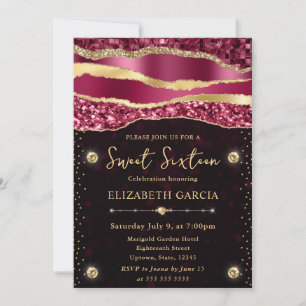 Invitation Bourgogne et Or Larmes Glam Bokeh Sweet Sixteen