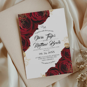 Invitation Bourgogne et or Vert Rose rouge Mariage Floral