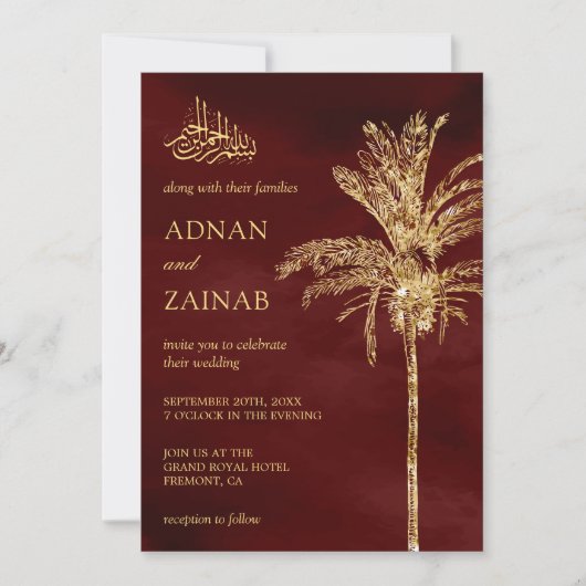 Invitation Bourgogne et Parties scintillant d'or Date Palm Mu (Devant)