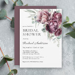 Invitation Bourgogne et Plum Fall Fête des mariées florale<br><div class="desc">Une invitation à la douche nuptiale chic boho magnifiquement féminine avec un bouquet d'angle de roses aquarelles, pivoines, eucalyptus et verdure en automne dans des teintes riches de bordeaux, prune, rose poussiéreux, vert et bleu-vert. Les appareillages de type tendance donnent une apparence nette et nette qui est facile à lire...</div>