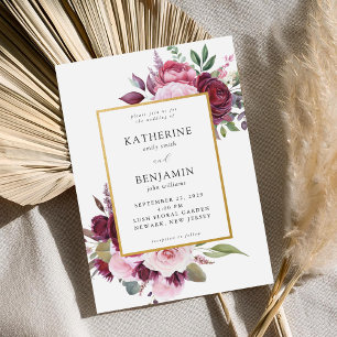 Invitation Bourgogne et rose Elégant Mariage floral