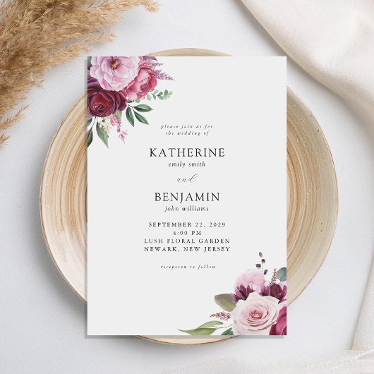 Invitation Bourgogne et rose Elégant Mariage floral