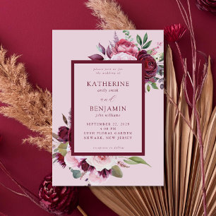 Invitation Bourgogne et rose Elégant Mariage floral
