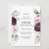 Invitation Bourgogne et rose Floral Élégant 60e anniversaire (Devant)
