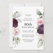 Invitation Bourgogne et rose Floral Elégant 80e anniversaire (Devant)